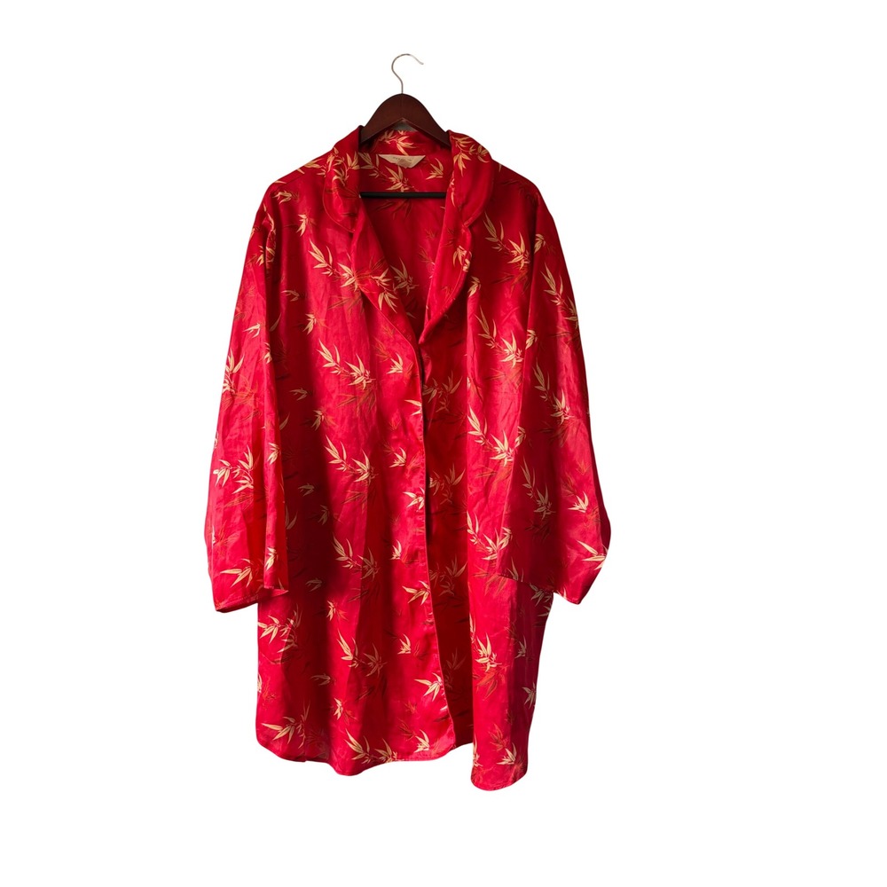 Vintage Avenue Body Red Satin Bamboo Print Sleep Shirt 30/32 Button Front